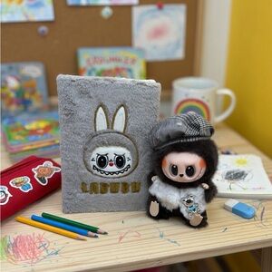 Cute custom LabubuPlush Doll with Gray Notebook